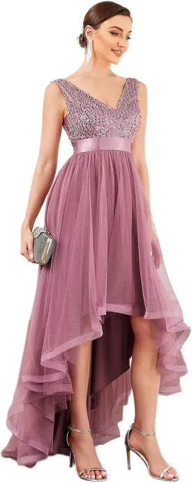 Ever-Pretty Women's Cocktail Dress Double V-Neck Sleeveless Empire Waist Sequin High Low Tulle Formal Dress 0147A