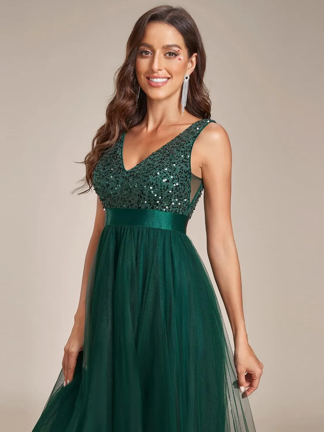 Ever-Pretty Women's Cocktail Dress Double V-Neck Sleeveless Empire Waist Sequin High Low Tulle Formal Dress 0147A