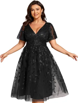 Ever-Pretty Women's V Neck Short Sleeves Embroidery Empire Waist Sequin Plus Size Midi Cocktail Wedding Guest Dresses 2230-DA
