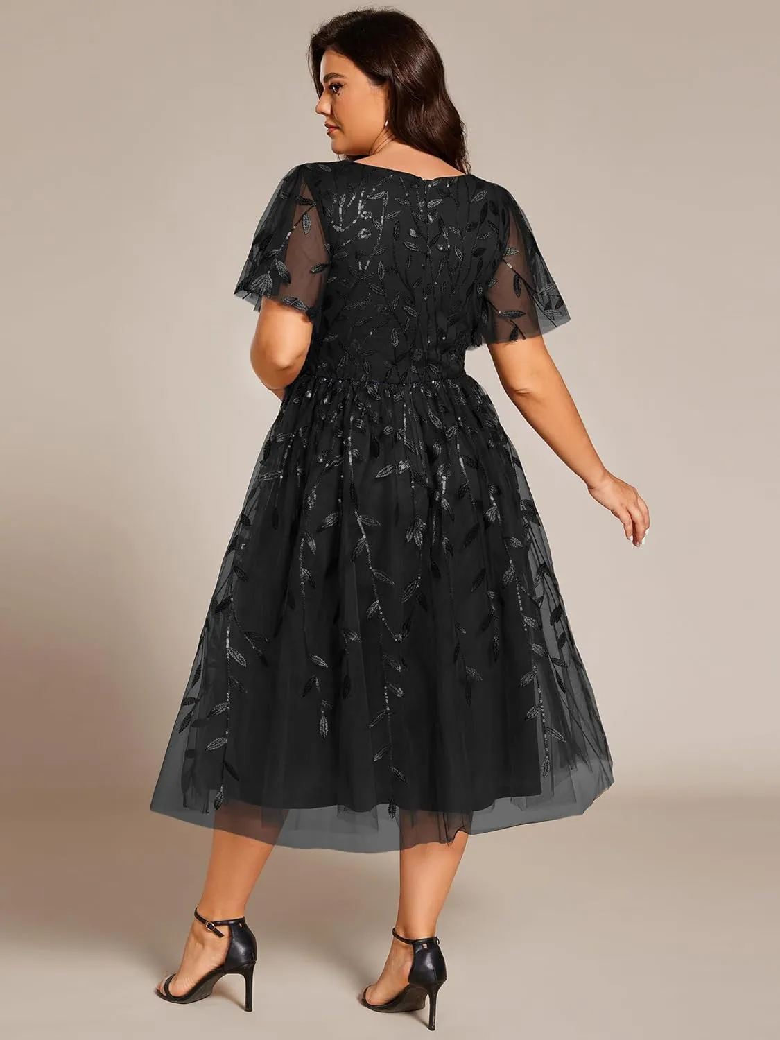 Ever-Pretty Women's V Neck Short Sleeves Embroidery Empire Waist Sequin Plus Size Midi Cocktail Wedding Guest Dresses 2230-DA