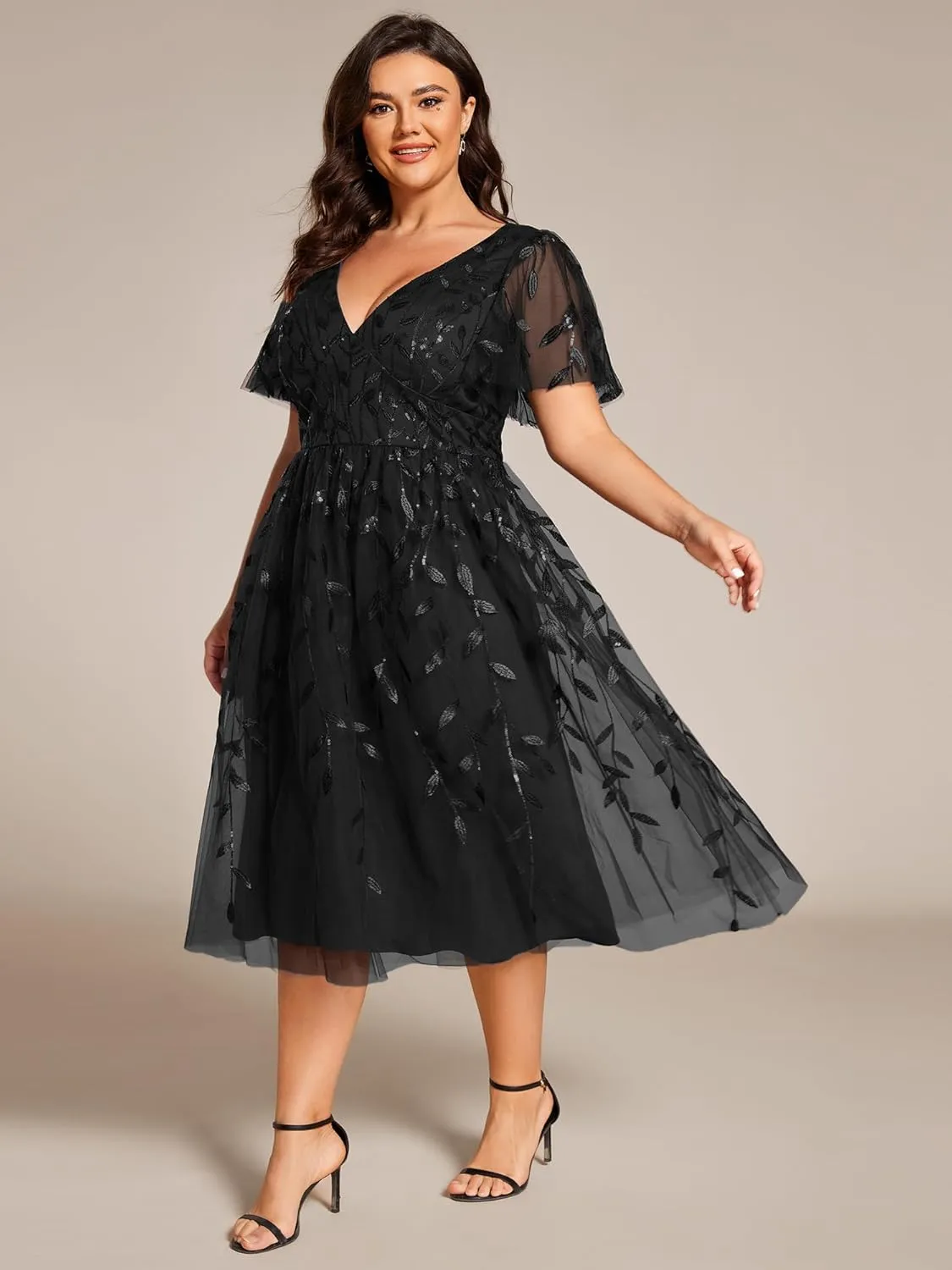 Ever-Pretty Women's V Neck Short Sleeves Embroidery Empire Waist Sequin Plus Size Midi Cocktail Wedding Guest Dresses 2230-DA