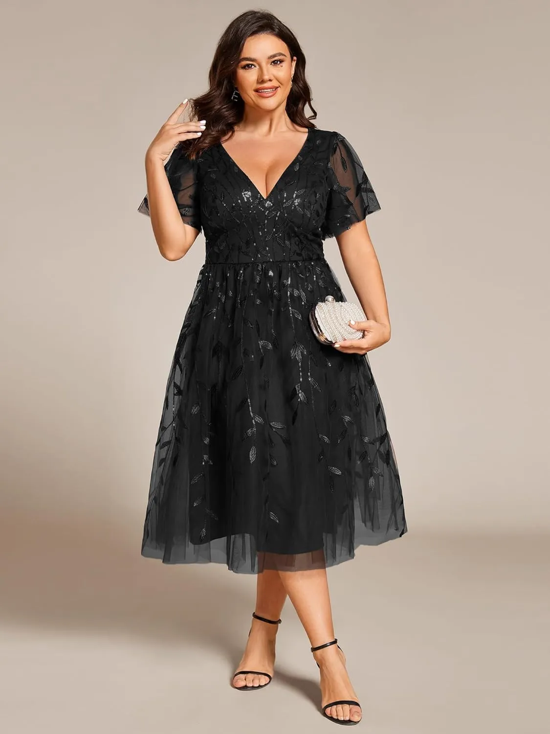 Ever-Pretty Women's V Neck Short Sleeves Embroidery Empire Waist Sequin Plus Size Midi Cocktail Wedding Guest Dresses 2230-DA
