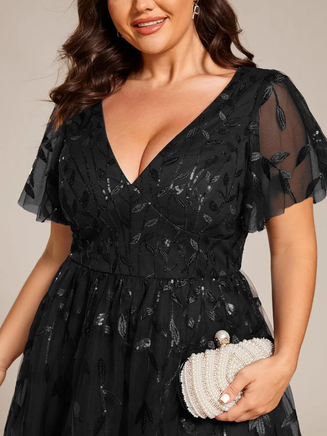 Ever-Pretty Women's V Neck Short Sleeves Embroidery Empire Waist Sequin Plus Size Midi Cocktail Wedding Guest Dresses 2230-DA