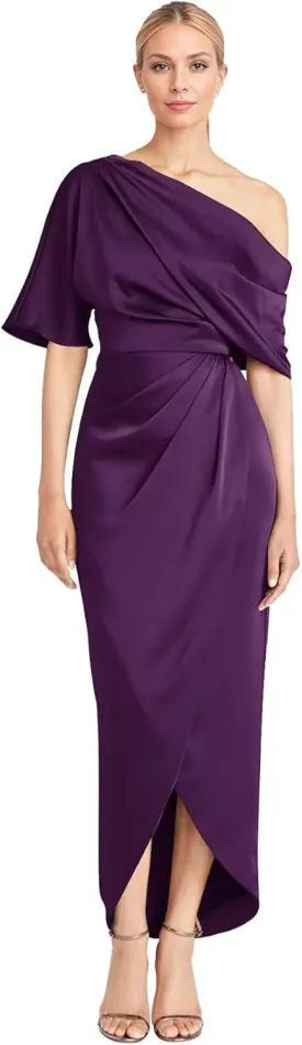 Everlong One Shoulder Satin Mother of The Bride Dresses Short Sleeve Formal Party Gowns for Women with Slit EL015