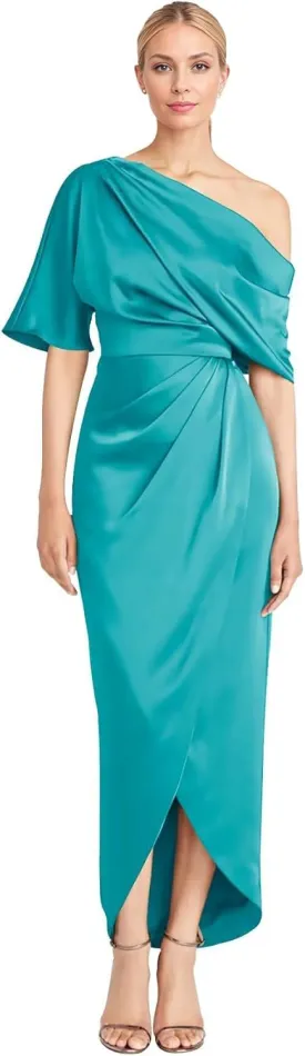 Everlong One Shoulder Satin Mother of The Bride Dresses Short Sleeve Formal Party Gowns for Women with Slit EL015