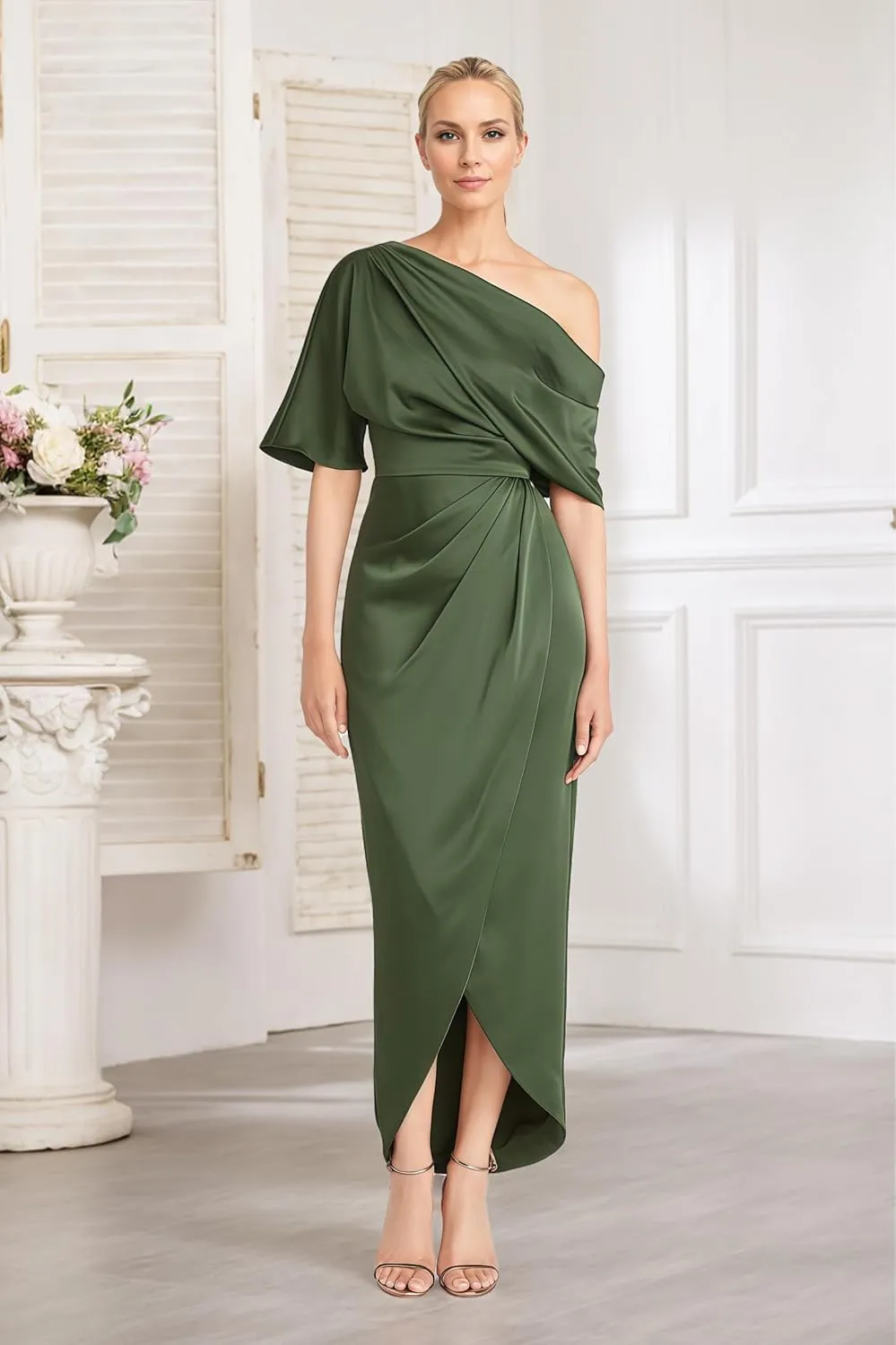 Everlong One Shoulder Satin Mother of The Bride Dresses Short Sleeve Formal Party Gowns for Women with Slit EL015