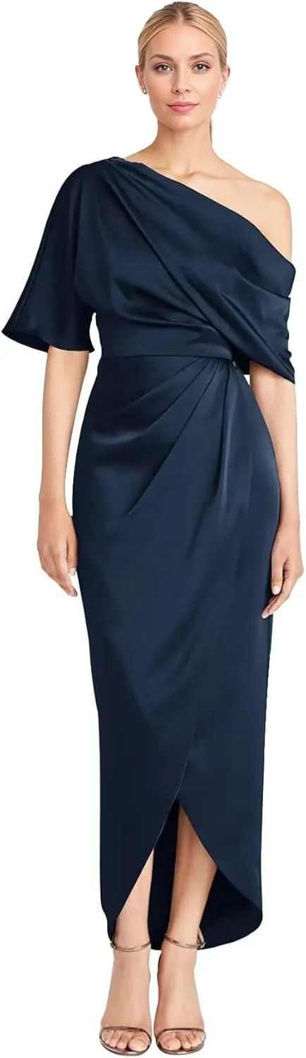 Everlong One Shoulder Satin Mother of The Bride Dresses Short Sleeve Formal Party Gowns for Women with Slit EL015