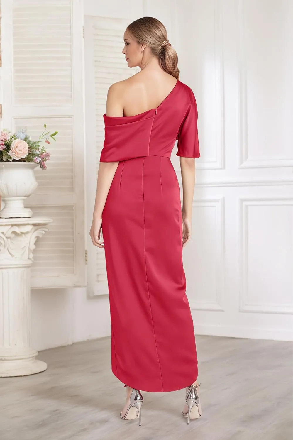 Everlong One Shoulder Satin Mother of The Bride Dresses Short Sleeve Formal Party Gowns for Women with Slit EL015