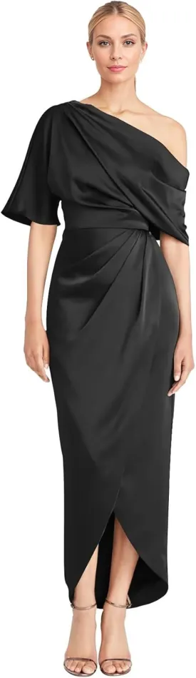 Everlong One Shoulder Satin Mother of The Bride Dresses Short Sleeve Formal Party Gowns for Women with Slit EL015