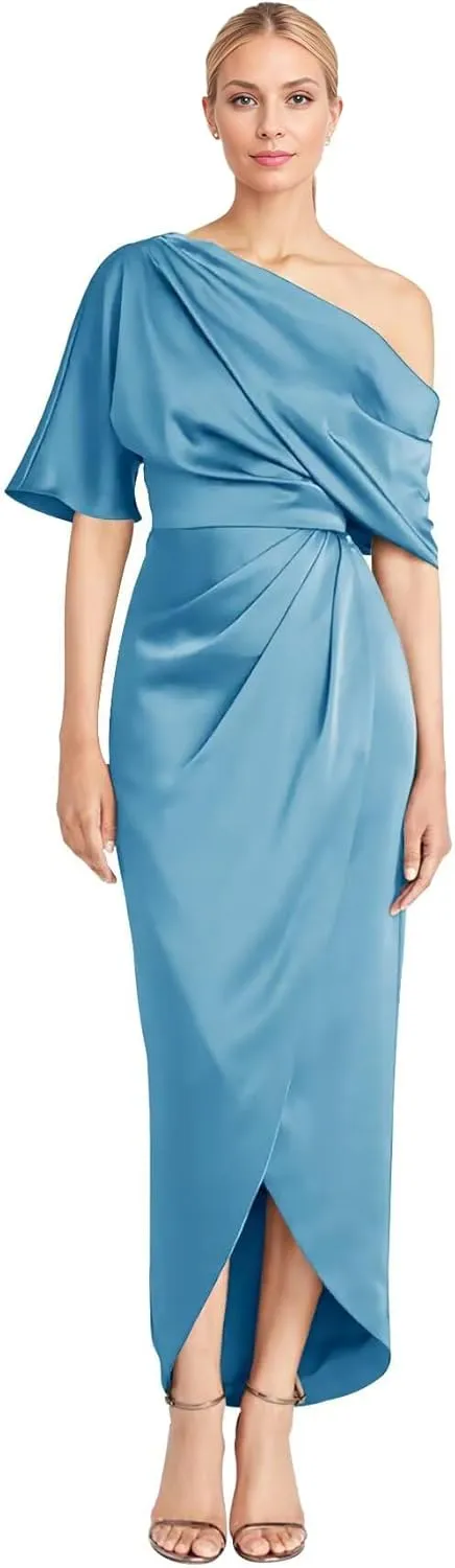 Everlong One Shoulder Satin Mother of The Bride Dresses Short Sleeve Formal Party Gowns for Women with Slit EL015