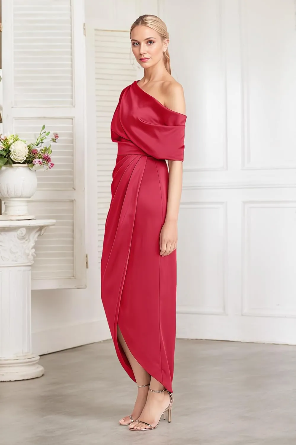 Everlong One Shoulder Satin Mother of The Bride Dresses Short Sleeve Formal Party Gowns for Women with Slit EL015