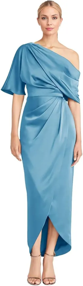 Everlong One Shoulder Satin Mother of The Bride Dresses Short Sleeve Formal Party Gowns for Women with Slit EL015