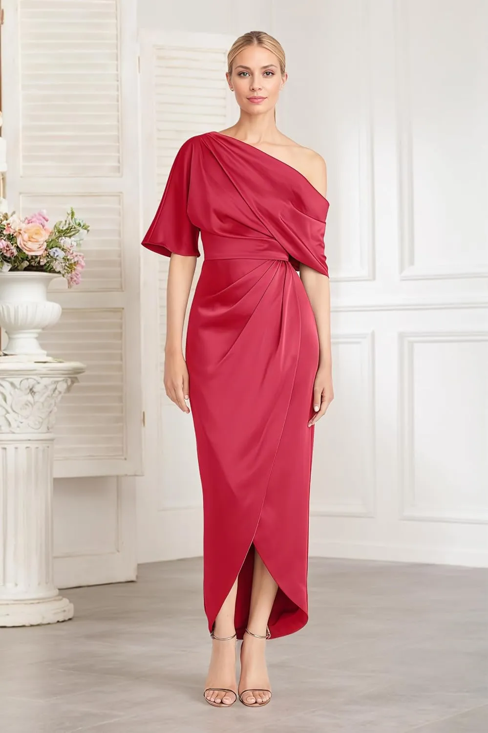 Everlong One Shoulder Satin Mother of The Bride Dresses Short Sleeve Formal Party Gowns for Women with Slit EL015
