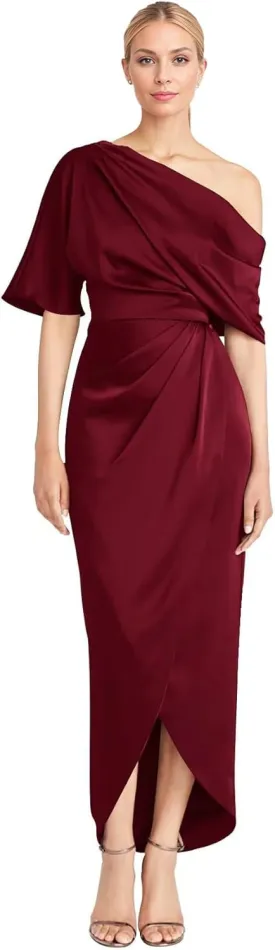 Everlong One Shoulder Satin Mother of The Bride Dresses Short Sleeve Formal Party Gowns for Women with Slit EL015