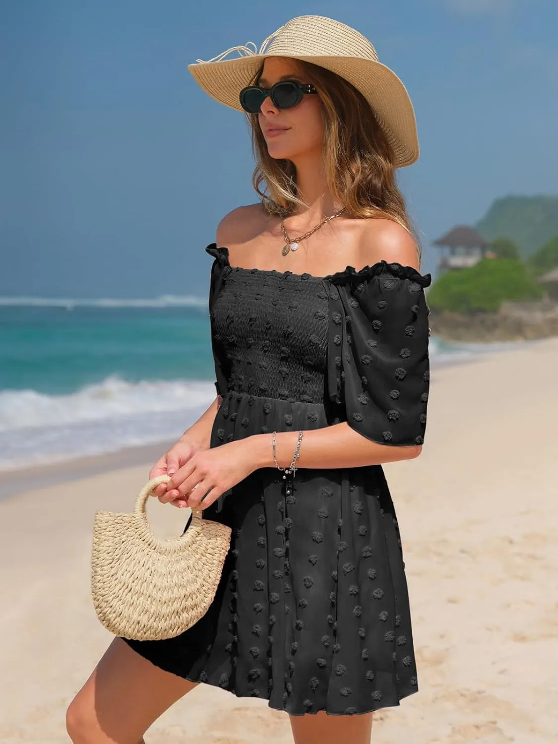 EXLURA Women's 2025 Summer Casual Square Neck Dresses Ruffle Short Sleeve Swiss Dot Flowy Mini Dress