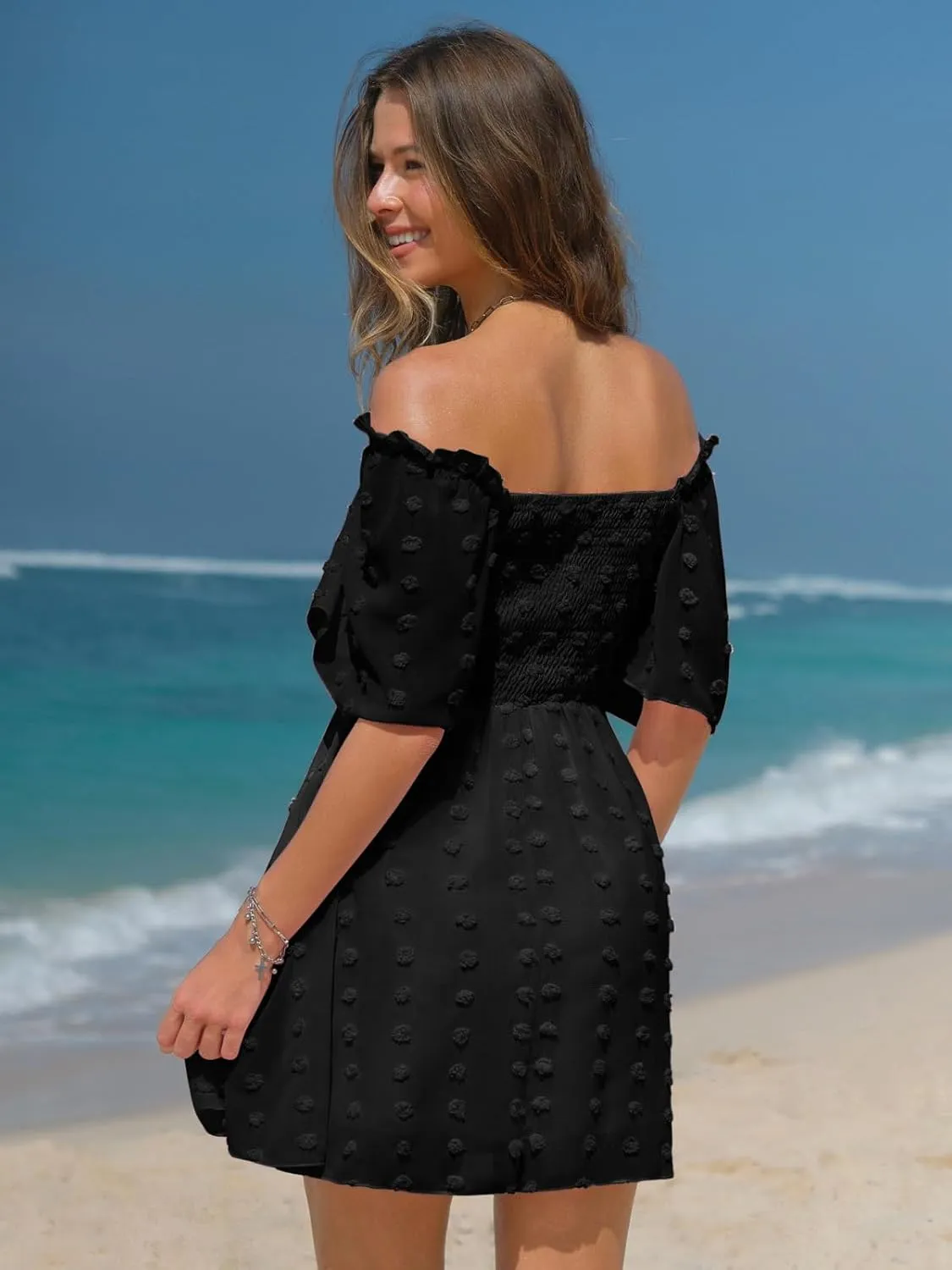 EXLURA Women's 2025 Summer Casual Square Neck Dresses Ruffle Short Sleeve Swiss Dot Flowy Mini Dress