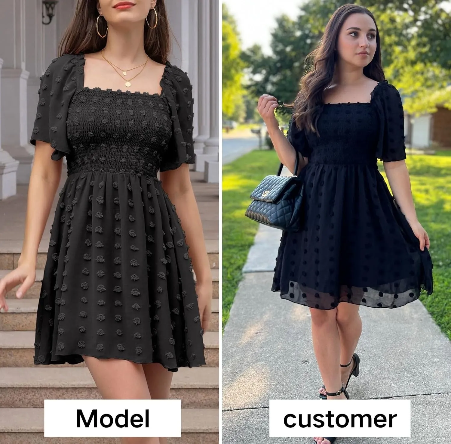EXLURA Women's 2025 Summer Casual Square Neck Dresses Ruffle Short Sleeve Swiss Dot Flowy Mini Dress