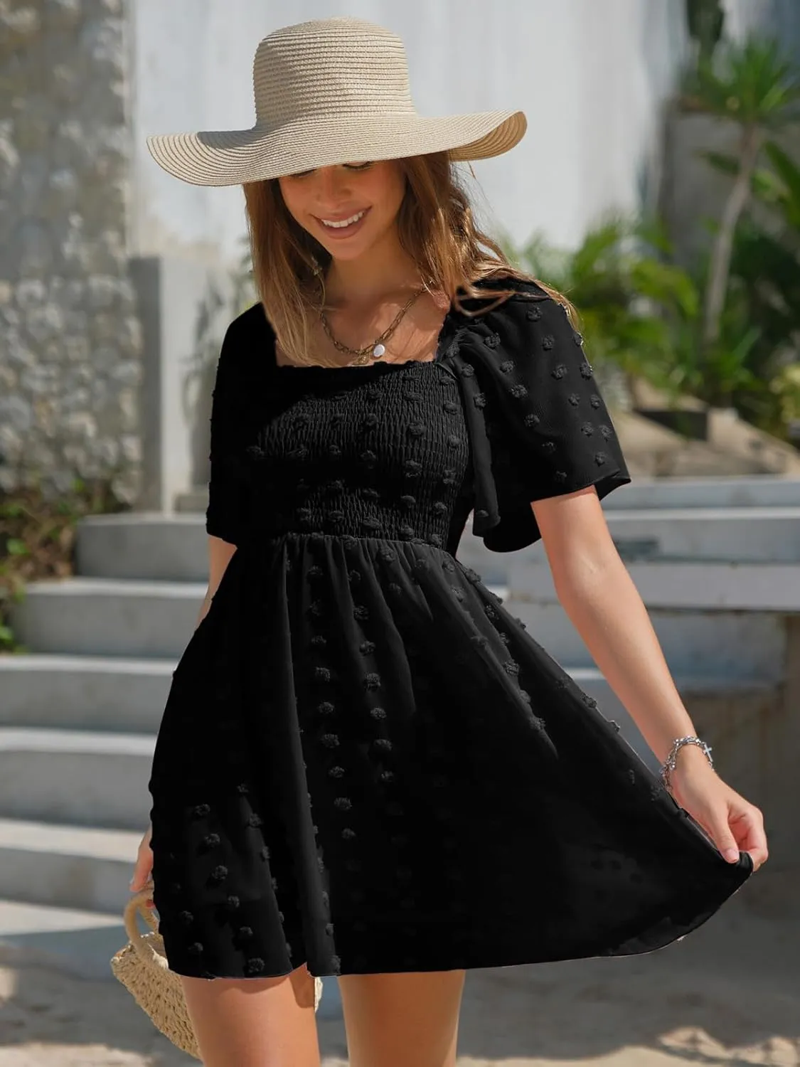 EXLURA Women's 2025 Summer Casual Square Neck Dresses Ruffle Short Sleeve Swiss Dot Flowy Mini Dress