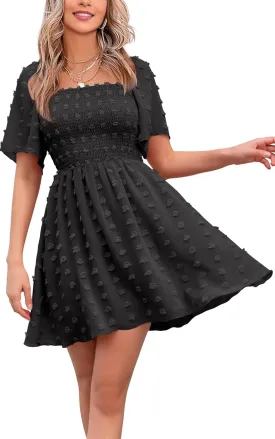 EXLURA Women's 2025 Summer Casual Square Neck Dresses Ruffle Short Sleeve Swiss Dot Flowy Mini Dress