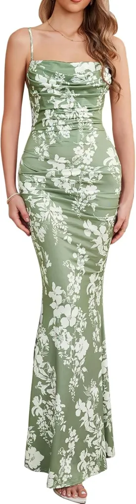 EYNMIN Women's Sleeveless Bodycon Corset Maxi Dress Spaghetti Strap Ruched Elegant Evening Wedding Guest Long Formal Dresses