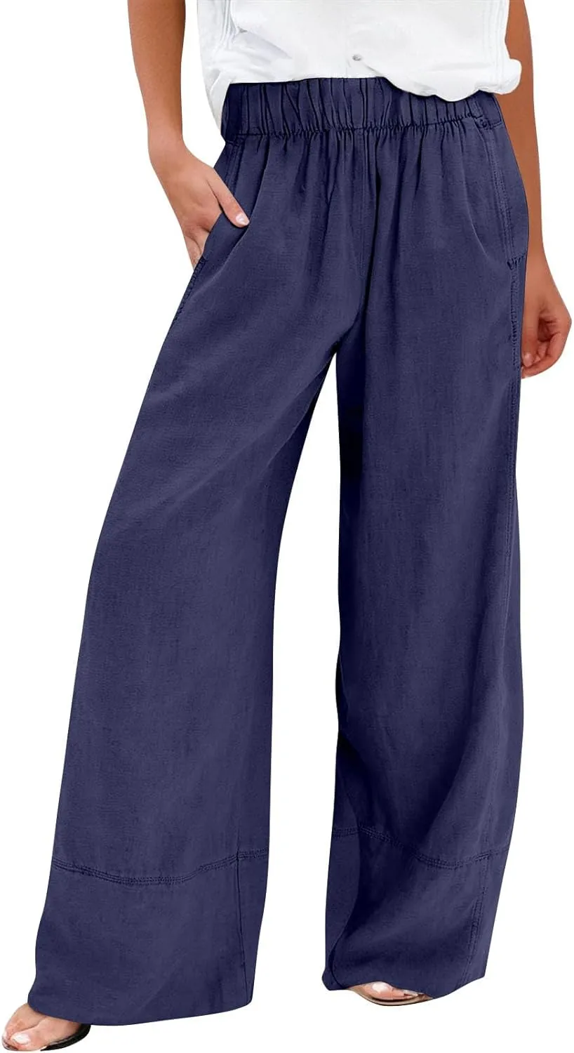 fanmpghleoo Linen Pants Women Summer Wide Leg Casual Palazzo Beach Pants Loose Lounge Linen Trousers with Pockets