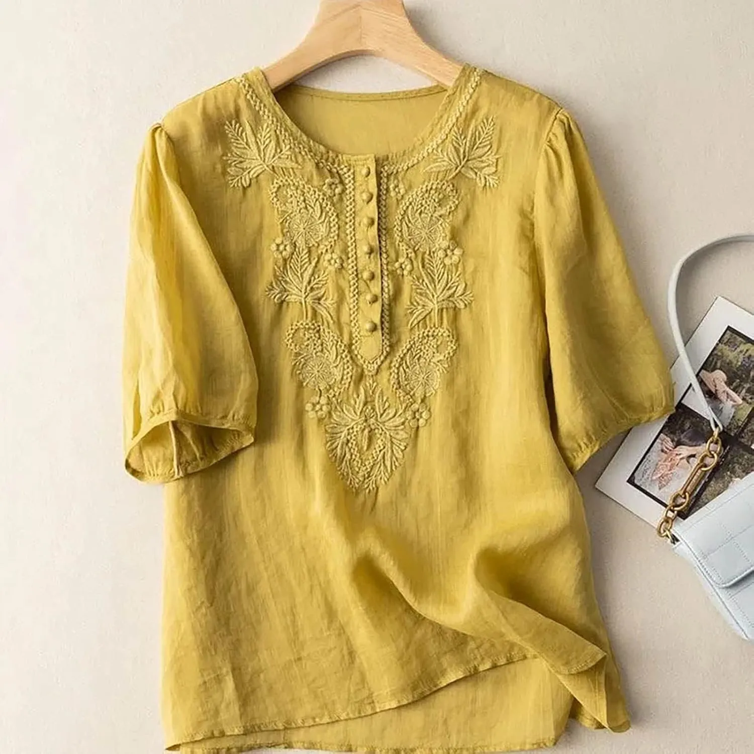 Floral Embroidered Tops Cotton Linen Shirts Boho Ethnic Style Peasant Tee Women 3/4 Sleeve V Neck Button Tunic Tshirt