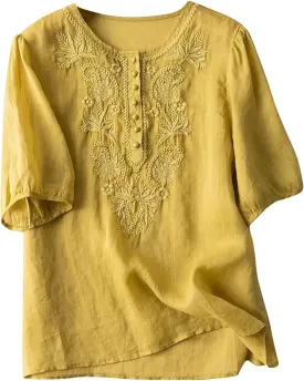 Floral Embroidered Tops Cotton Linen Shirts Boho Ethnic Style Peasant Tee Women 3/4 Sleeve V Neck Button Tunic Tshirt
