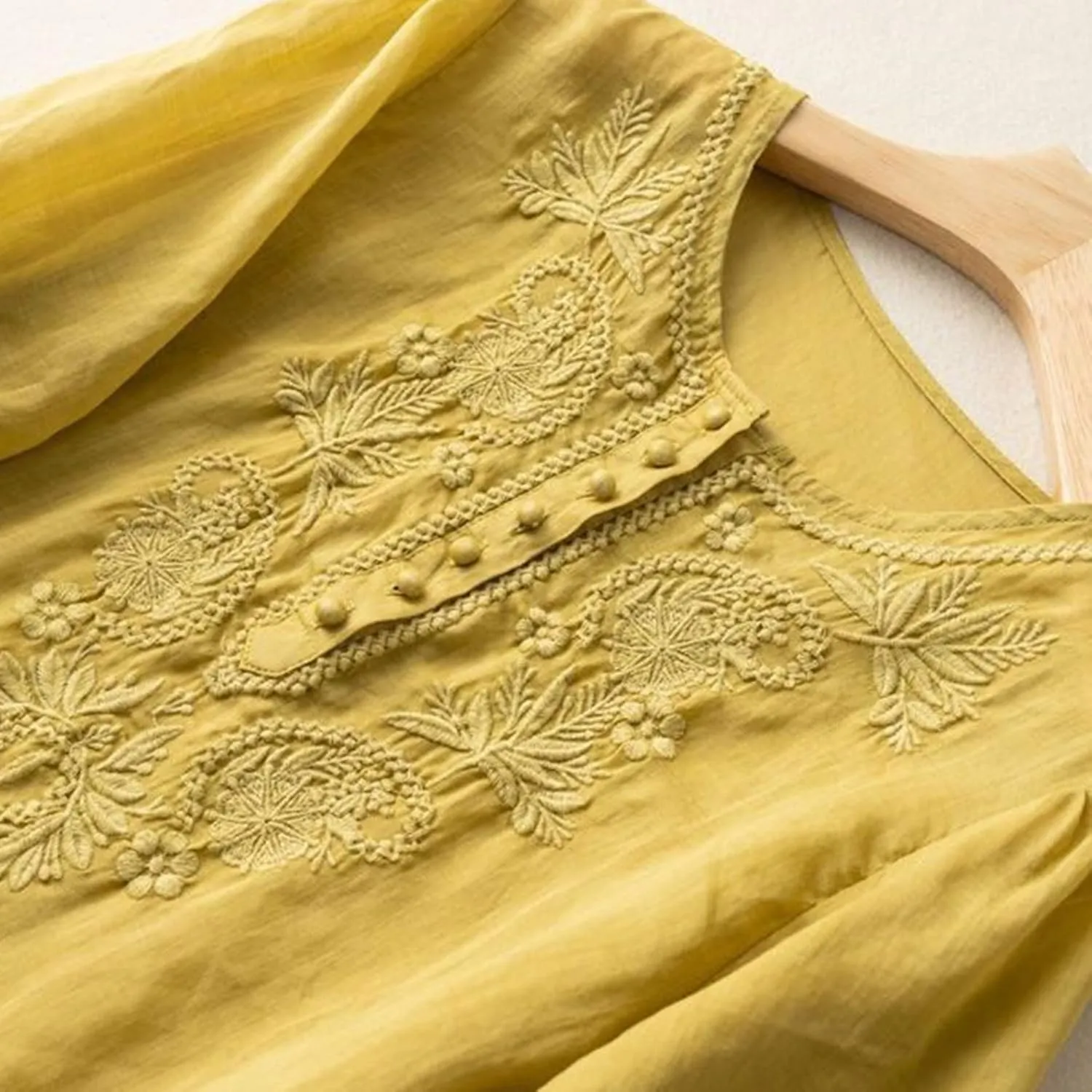 Floral Embroidered Tops Cotton Linen Shirts Boho Ethnic Style Peasant Tee Women 3/4 Sleeve V Neck Button Tunic Tshirt