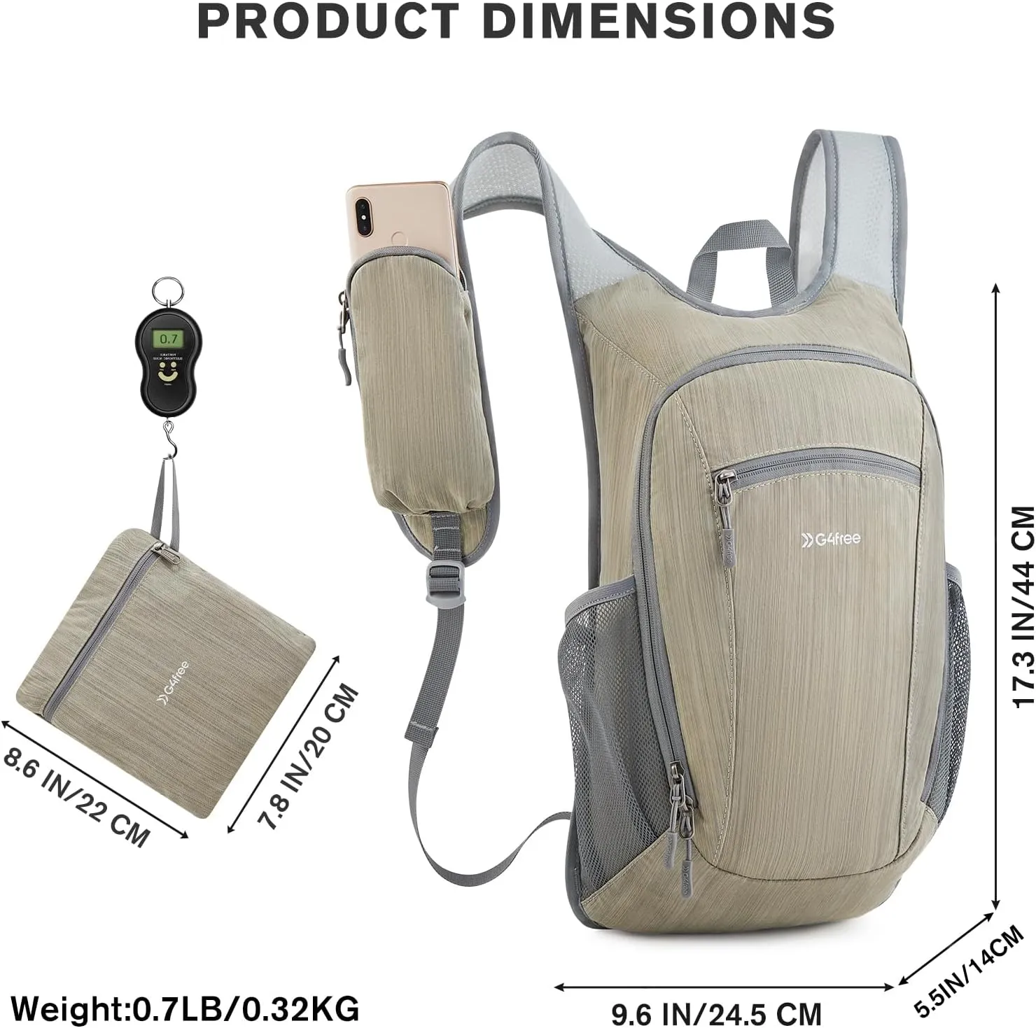 G4Free 15L Hiking Daypack Lightweight Travel Backpack Packable Outdoor Casual Foldable Shoulder Bag (Beige)