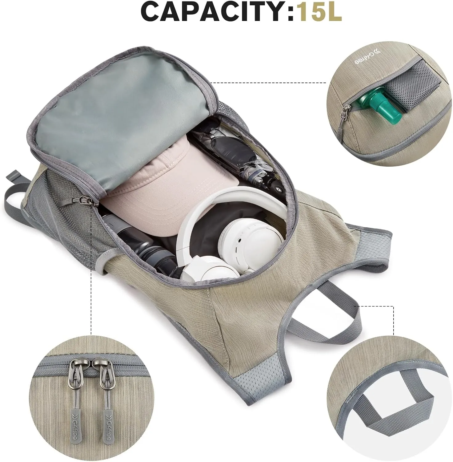G4Free 15L Hiking Daypack Lightweight Travel Backpack Packable Outdoor Casual Foldable Shoulder Bag (Beige)