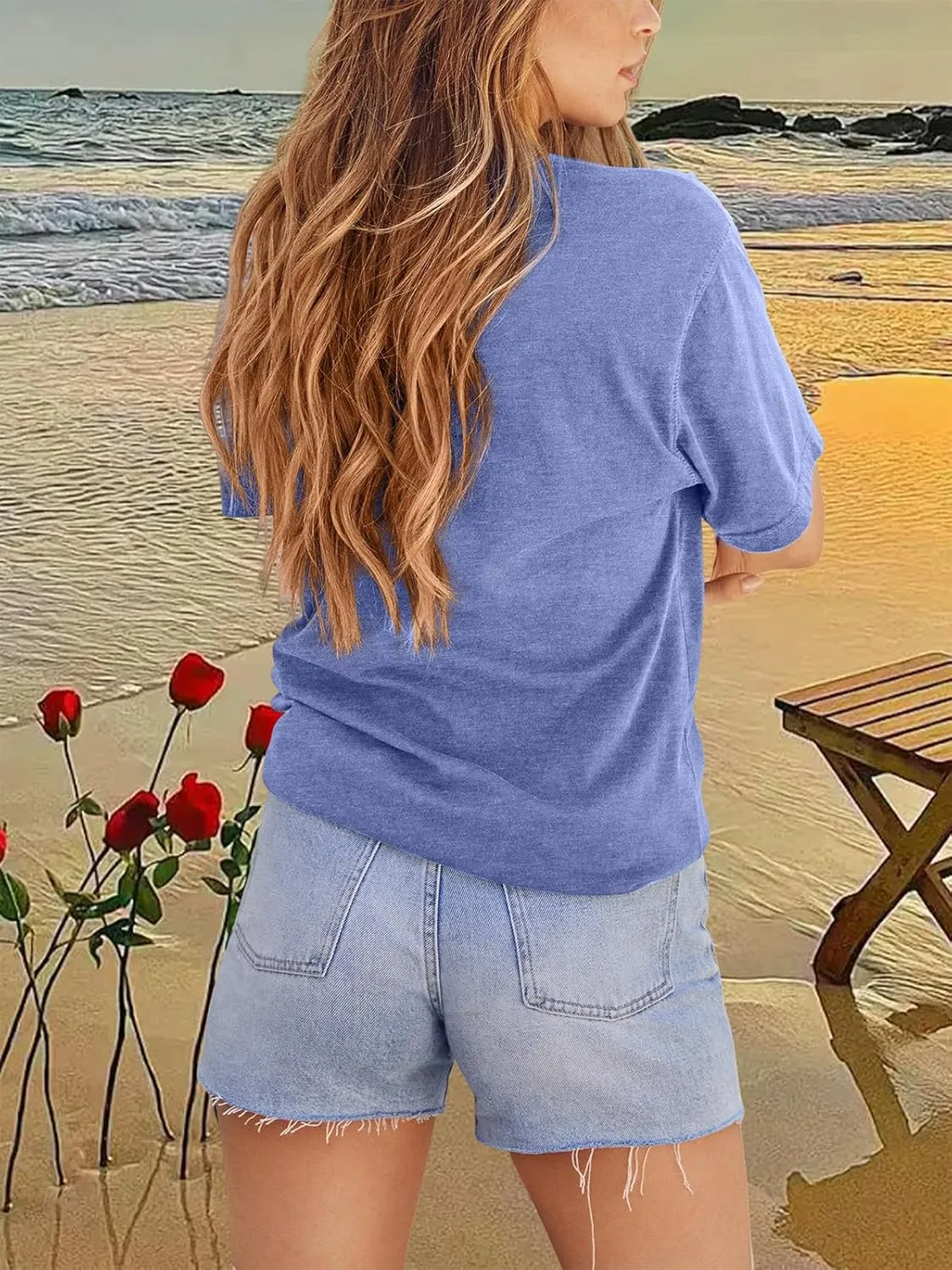 GEMLON Sunset Pine Tree Tshirt Women Camping Tshirt Retro Sun Print Graphic Tee Casual Short Sleeve Top