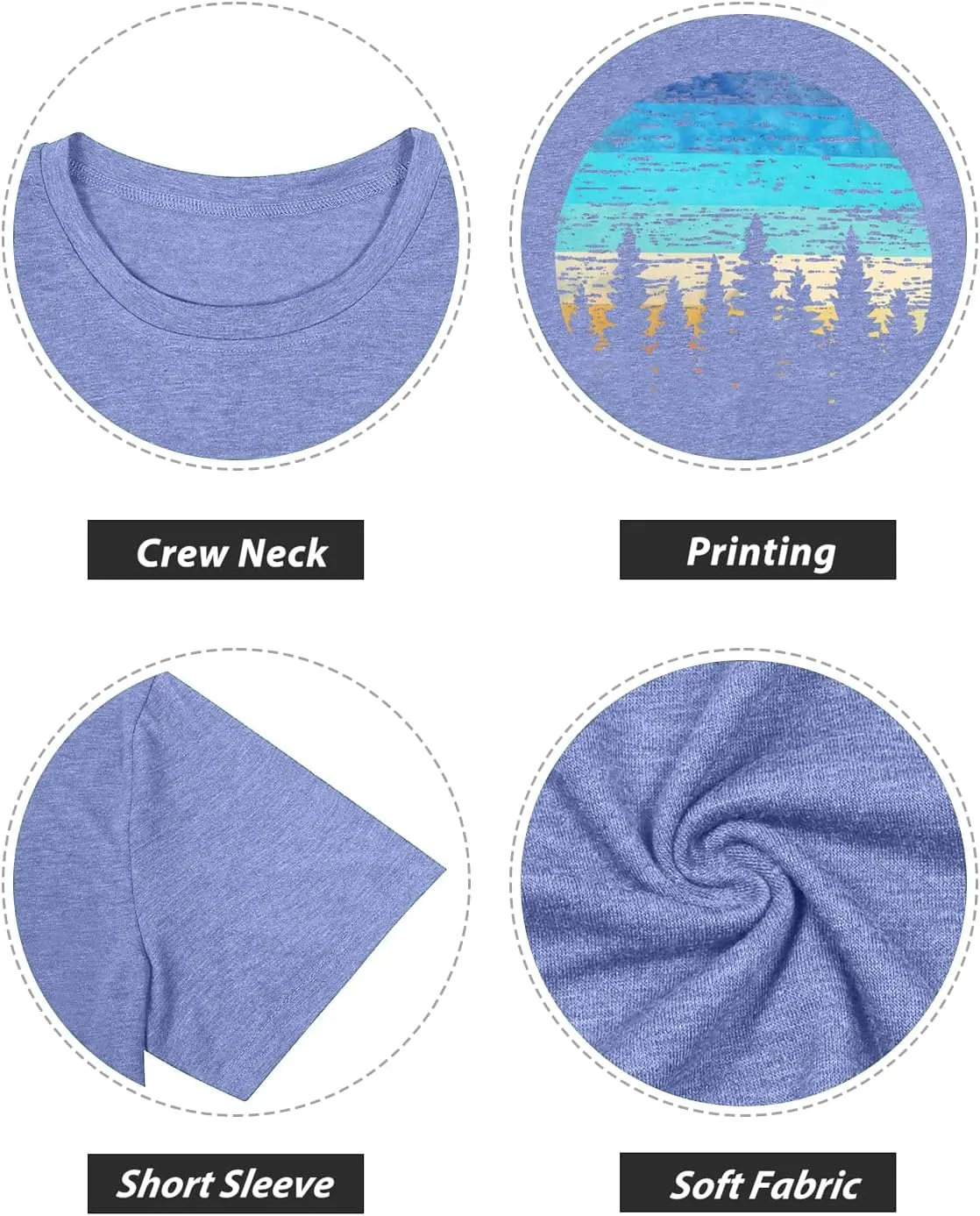 GEMLON Sunset Pine Tree Tshirt Women Camping Tshirt Retro Sun Print Graphic Tee Casual Short Sleeve Top