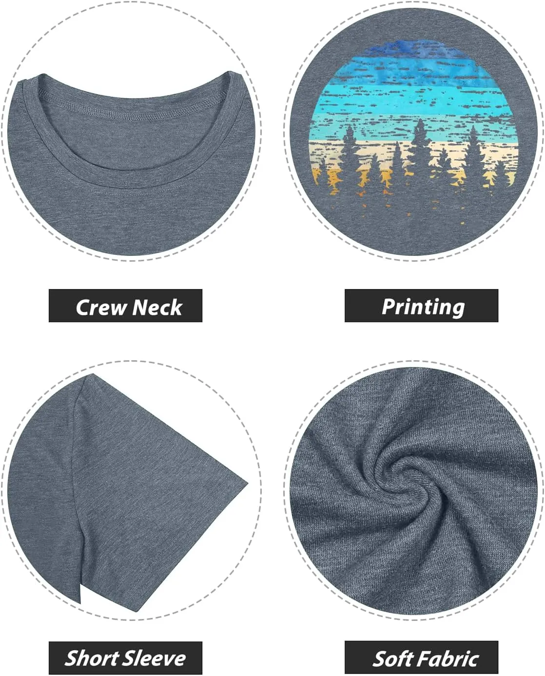 GEMLON Sunset Pine Tree Tshirt Women Camping Tshirt Retro Sun Print Graphic Tee Casual Short Sleeve Top