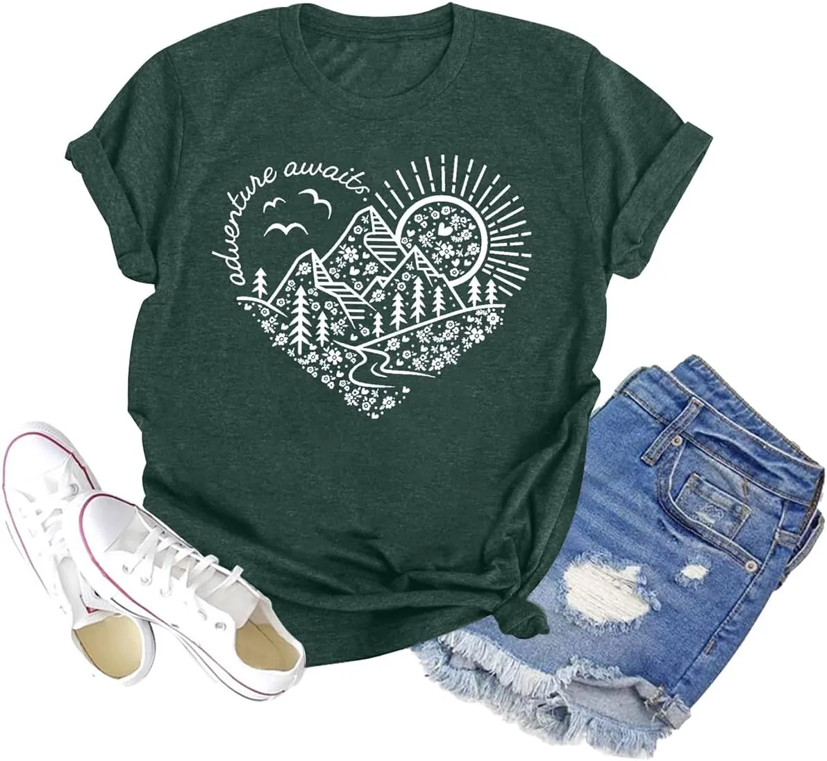 GEMLON Sunset Pine Tree Tshirt Women Camping Tshirt Retro Sun Print Graphic Tee Casual Short Sleeve Top
