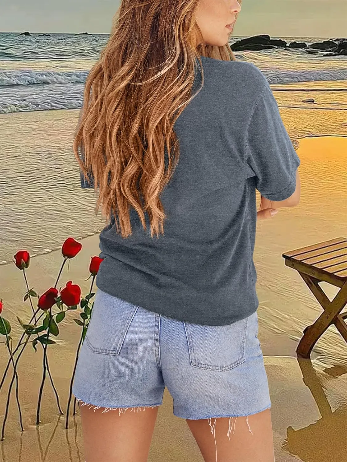 GEMLON Sunset Pine Tree Tshirt Women Camping Tshirt Retro Sun Print Graphic Tee Casual Short Sleeve Top