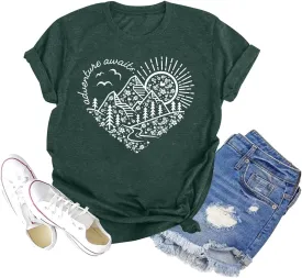 GEMLON Sunset Pine Tree Tshirt Women Camping Tshirt Retro Sun Print Graphic Tee Casual Short Sleeve Top