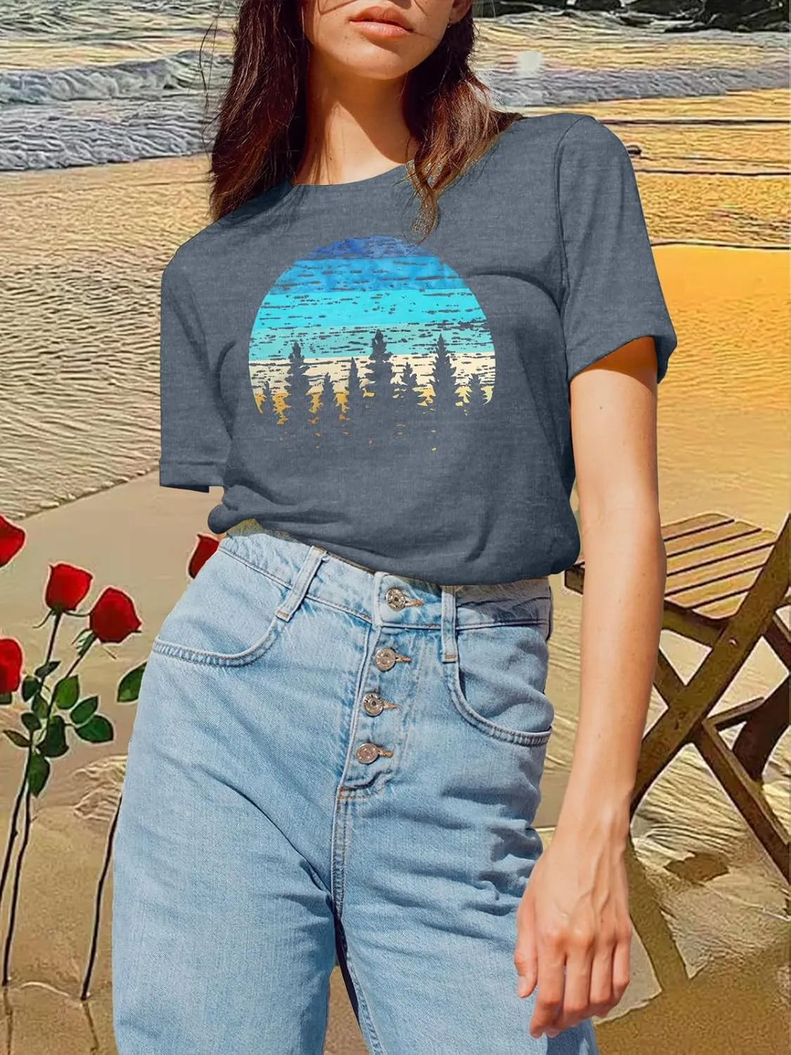 GEMLON Sunset Pine Tree Tshirt Women Camping Tshirt Retro Sun Print Graphic Tee Casual Short Sleeve Top