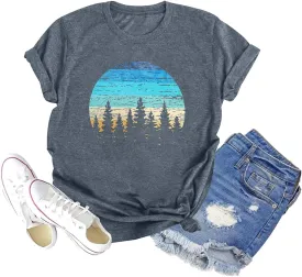 GEMLON Sunset Pine Tree Tshirt Women Camping Tshirt Retro Sun Print Graphic Tee Casual Short Sleeve Top