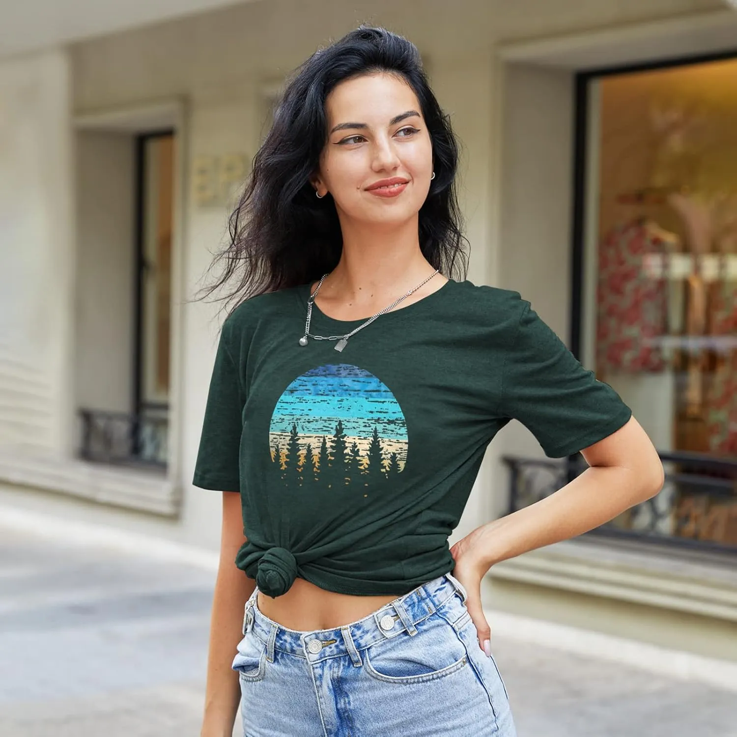 GEMLON Sunset Pine Tree Tshirt Women Camping Tshirt Retro Sun Print Graphic Tee Casual Short Sleeve Top
