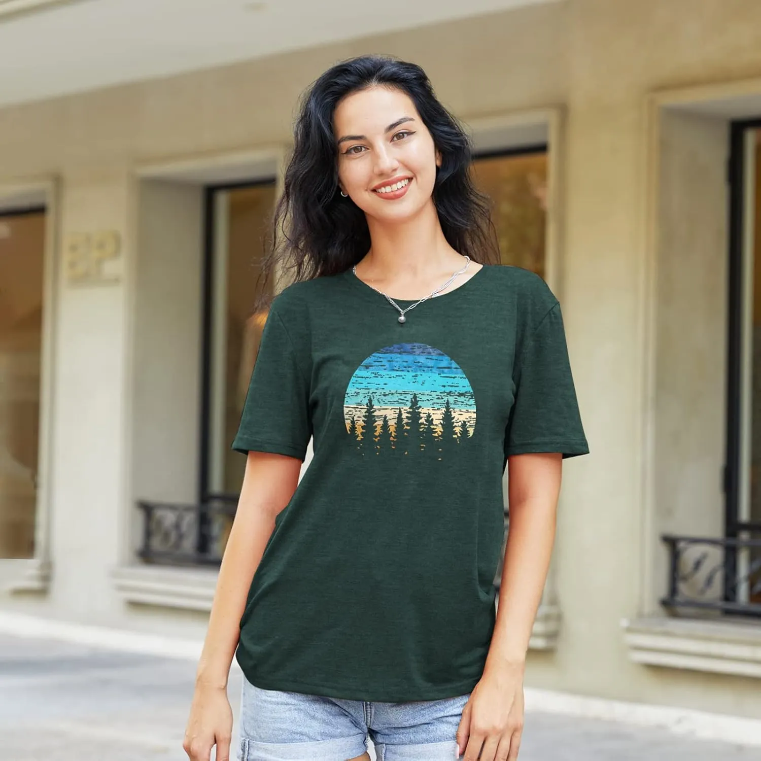 GEMLON Sunset Pine Tree Tshirt Women Camping Tshirt Retro Sun Print Graphic Tee Casual Short Sleeve Top