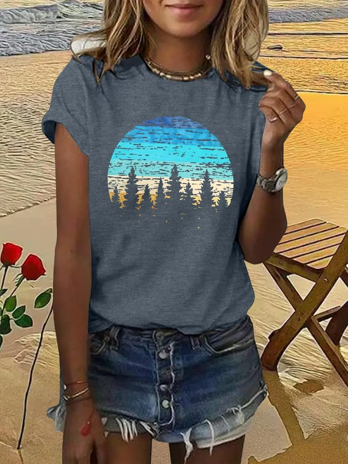 GEMLON Sunset Pine Tree Tshirt Women Camping Tshirt Retro Sun Print Graphic Tee Casual Short Sleeve Top