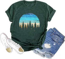 GEMLON Sunset Pine Tree Tshirt Women Camping Tshirt Retro Sun Print Graphic Tee Casual Short Sleeve Top