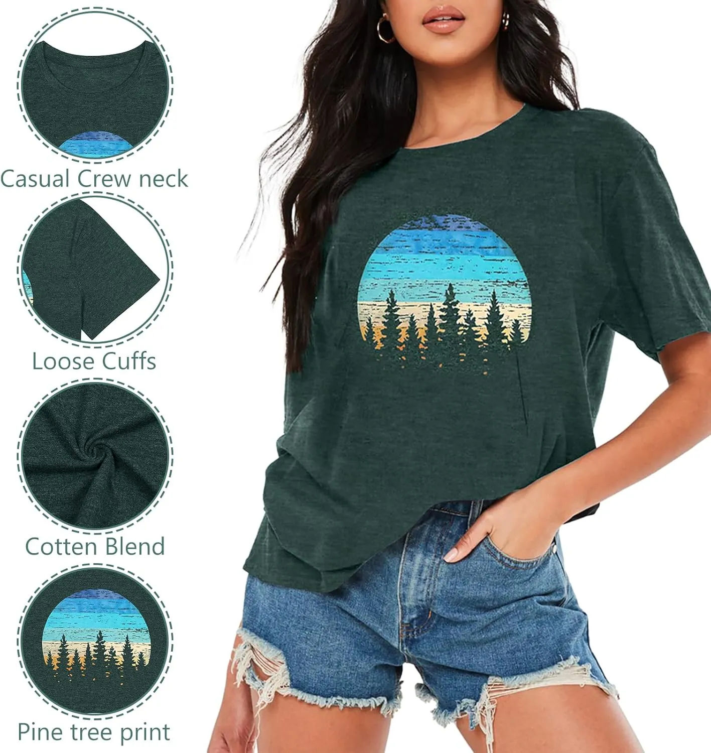 GEMLON Sunset Pine Tree Tshirt Women Camping Tshirt Retro Sun Print Graphic Tee Casual Short Sleeve Top