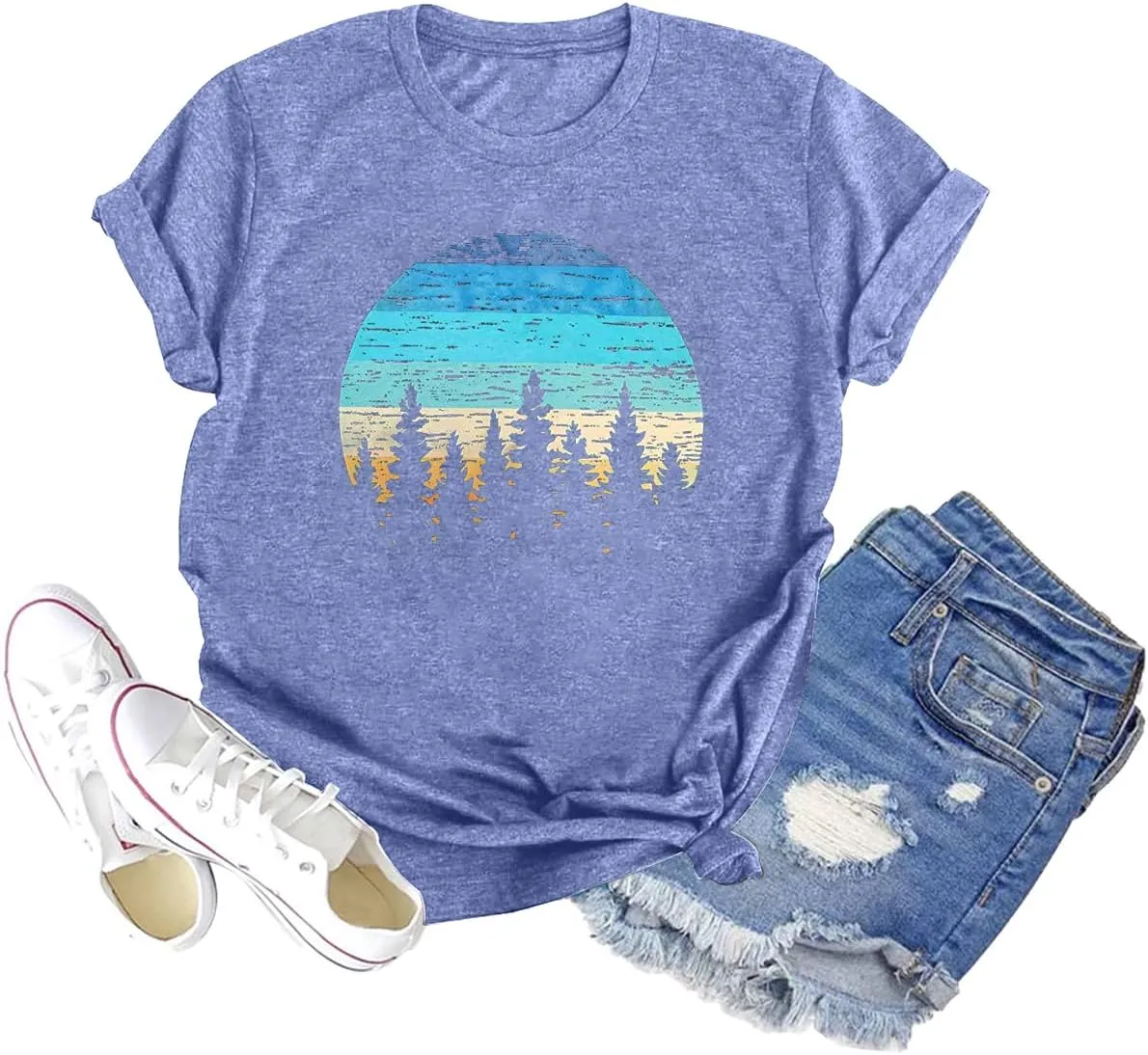 GEMLON Sunset Pine Tree Tshirt Women Camping Tshirt Retro Sun Print Graphic Tee Casual Short Sleeve Top