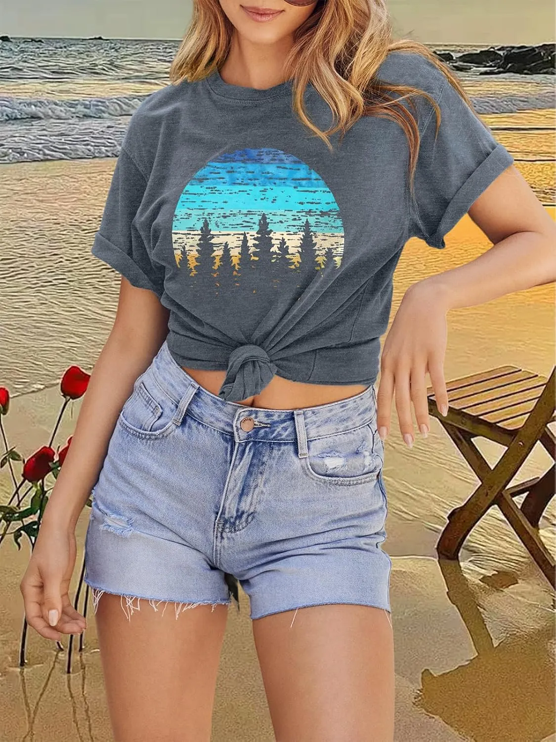 GEMLON Sunset Pine Tree Tshirt Women Camping Tshirt Retro Sun Print Graphic Tee Casual Short Sleeve Top