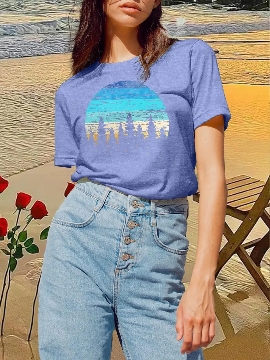GEMLON Sunset Pine Tree Tshirt Women Camping Tshirt Retro Sun Print Graphic Tee Casual Short Sleeve Top