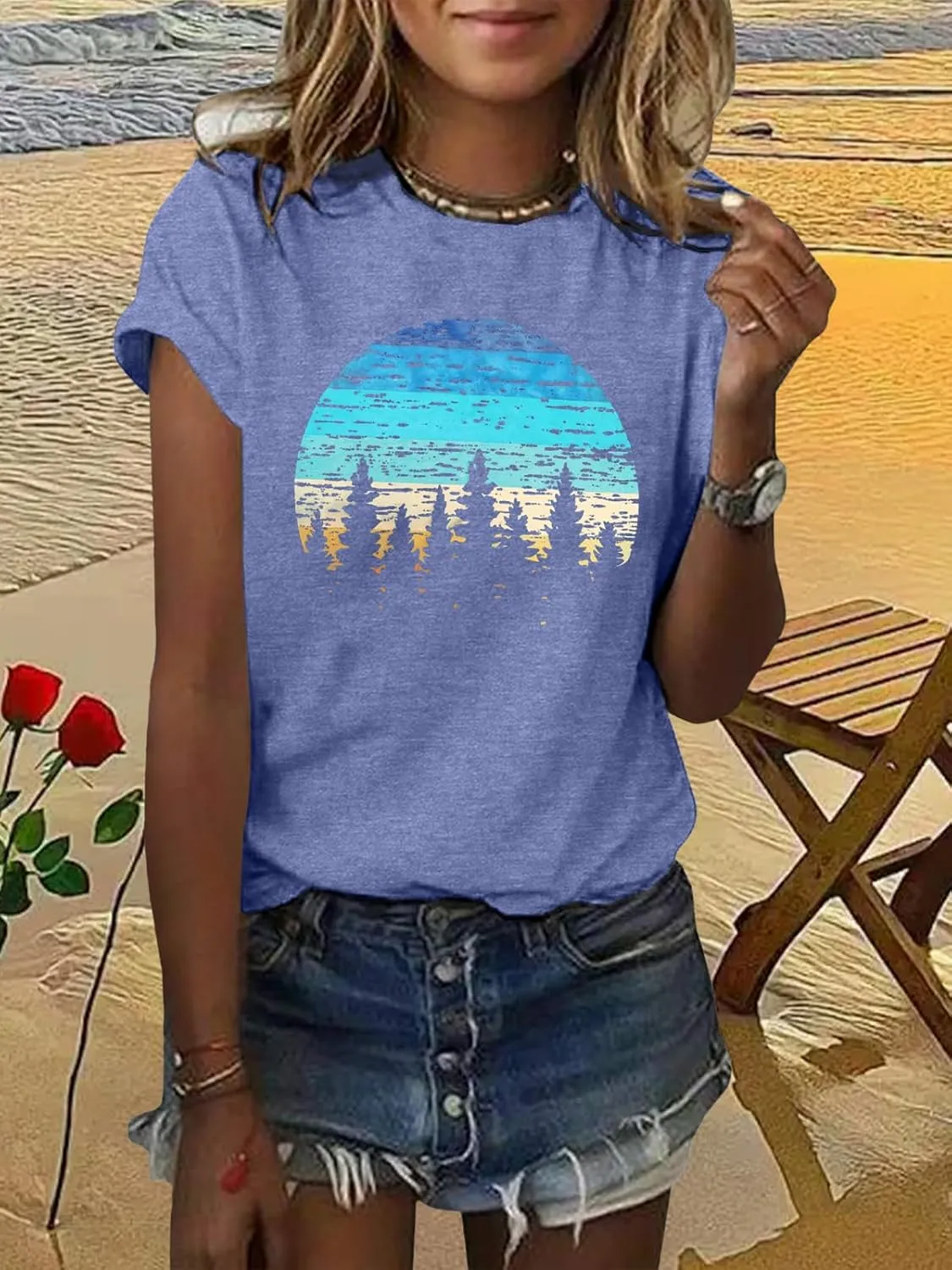 GEMLON Sunset Pine Tree Tshirt Women Camping Tshirt Retro Sun Print Graphic Tee Casual Short Sleeve Top