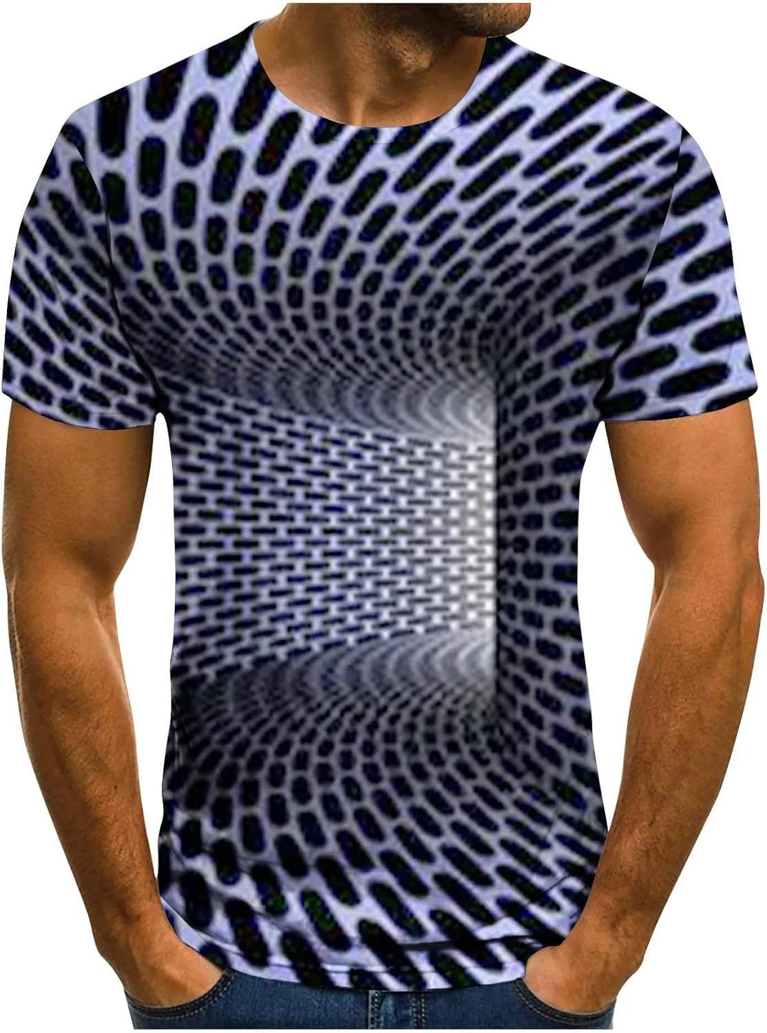 Geometry Print Loose Fit Tshirts for Man Summer Fall Long Sleeve Crew Neck Funny Fishnet Tops Shirts Mens 2024