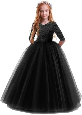 Girls Flower Vintage Floral Lace 3/4 Sleeves Floor Length Dress Wedding Party Evening Formal Pegeant Dance Gown