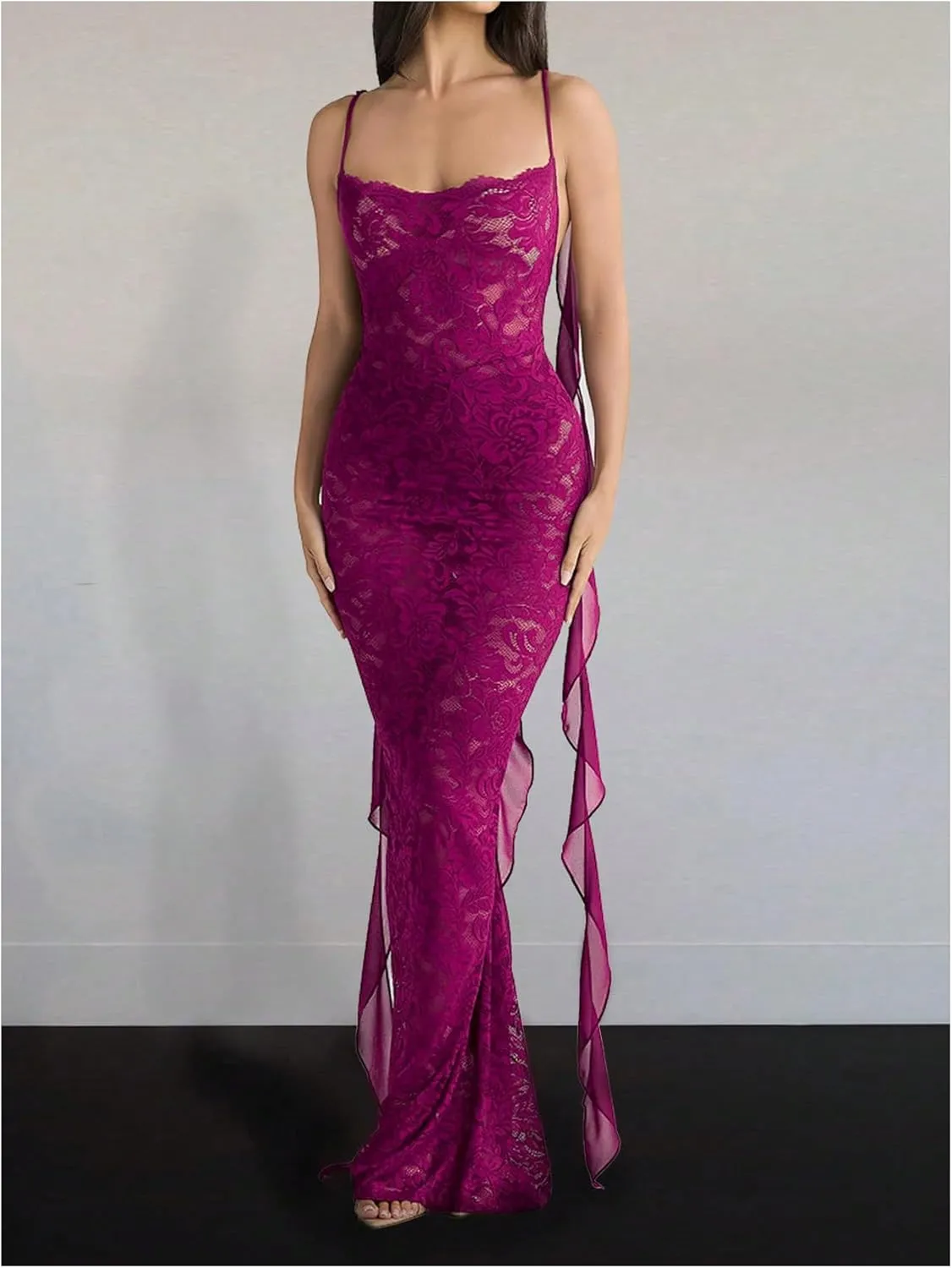 GORGLITTER Women's Lace Flower Bodycon Maxi Dress Open Back Mesh Fringe Wedding Guest Cocktail Birthday Dinner Dresses